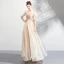 Elegant Champagne Prom Dresses 2019 A-Line / Princess Scoop Neck Embroidered 3/4 Sleeve Backless Floor-Length / Long Formal Dresses