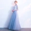 Chic / Beautiful Sky Blue Prom Dresses 2018 A-Line / Princess Lace Flower High Neck 1/2 Sleeves Floor-Length / Long Formal Dresses