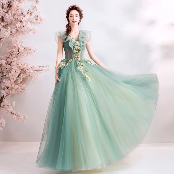 Elegant Sage Green Prom Dresses 2019 A-Line / Princess Ruffle V-Neck Lace Flower Appliques Sleeveless Backless Floor-Length / Long Formal Dresses