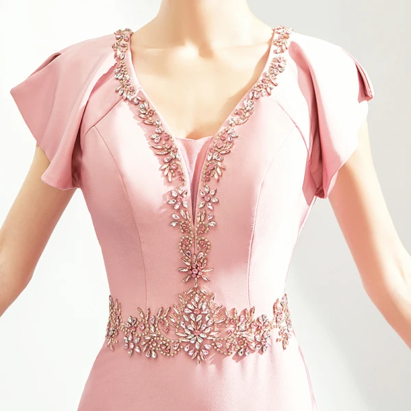 Chic / Beautiful Blushing Pink Evening Dresses 2019 Trumpet / Mermaid V-Neck Crystal Rhinestone Short Sleeve Backless Floor-Length / Long Formal Dresses