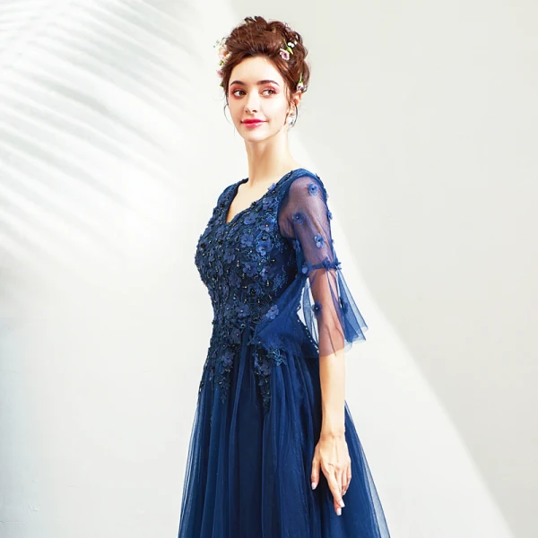 Elegant Navy Blue Prom Dresses 2019 A-Line / Princess V-Neck Beading Crystal Lace Flower Appliques 1/2 Sleeves Backless Floor-Length / Long Formal Dresses