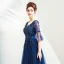 Elegant Navy Blue Prom Dresses 2019 A-Line / Princess V-Neck Beading Crystal Lace Flower Appliques 1/2 Sleeves Backless Floor-Length / Long Formal Dresses