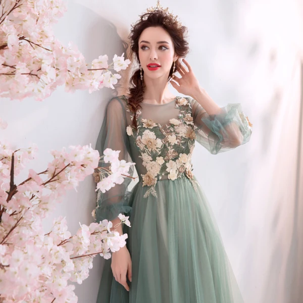 Bloemenfee Jade Groen Galajurken 2019 A lijn Ronde Hals Kant Bloem Appliques Parel Rhinestone 3/4 Mouwen Ruglooze Lange Gelegenheid Jurken