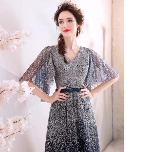 Scintillantes Bleu Marine Dégradé De Couleur Robe De Soirée 2019 Princesse V-Cou Paillettes Noeud 1/2 Manches Dos Nu Longue Robe De Ceremonie