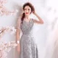 Chic / Belle Gris Robe De Soirée 2019 Princesse V-Cou Perlage Cristal En Dentelle Fleur Sans Manches Dos Nu Longue Robe De Ceremonie