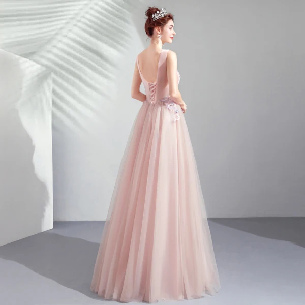 Élégant Perle Rose Robe De Soirée 2019 Princesse Encolure Dégagée Appliques En Dentelle Fleur Noeud Perlage Perle Faux Diamant Sans Manches Dos Nu Longue Robe De Ceremonie