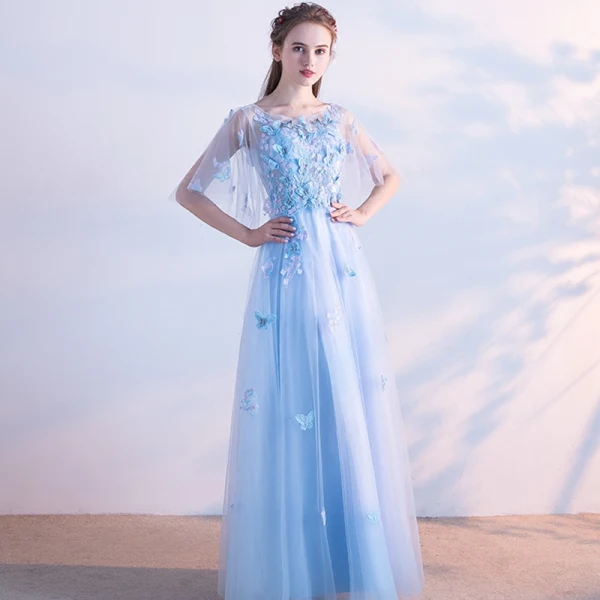 Chic / Beautiful Sky Blue Evening Dresses 2018 A-Line / Princess Lace Butterfly Scoop Neck Backless Short Sleeve Floor-Length / Long Formal Dresses