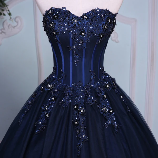 Elegant Mørk Marineblå Ballkjoler 2019 Prinsesse Kjæreste Beading Paljetter Rhinestone Blonder Blomst Uten Ermer Ryggløse Chapel Train Formelle Kjoler