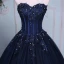 Elegant Mørk Marineblå Ballkjoler 2019 Prinsesse Kjæreste Beading Paljetter Rhinestone Blonder Blomst Uten Ermer Ryggløse Chapel Train Formelle Kjoler