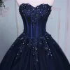 Elegant Navy Blue Prom Dresses 2019 A-Line / Princess Sweetheart Beading Sequins Rhinestone Lace Flower Sleeveless Backless Chapel Train Formal Dresses