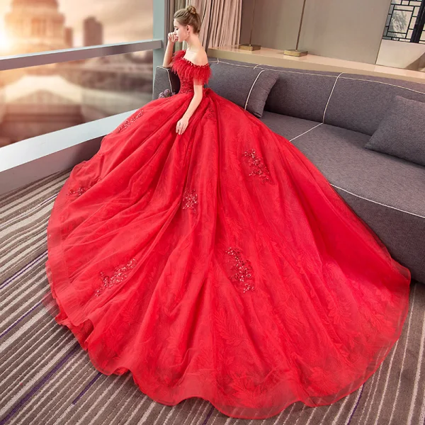 Charmant Rot Brautkleider / Hochzeitskleider 2019 Ballkleid Off Shoulder Spitze Pailletten Applikationen Quaste Kurze Ärmel Rückenfreies Kathedrale Schleppe