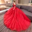 Charmant Rot Brautkleider / Hochzeitskleider 2019 Ballkleid Off Shoulder Spitze Pailletten Applikationen Quaste Kurze Ärmel Rückenfreies Kathedrale Schleppe