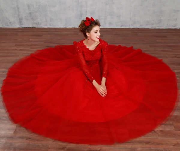 Schöne Muslimisches Rot Brautkleider / Hochzeitskleider 2019 Ballkleid Rundhalsausschnitt Spitze Blumen Strass Pailletten Lange Ärmel Rückenfreies Lange
