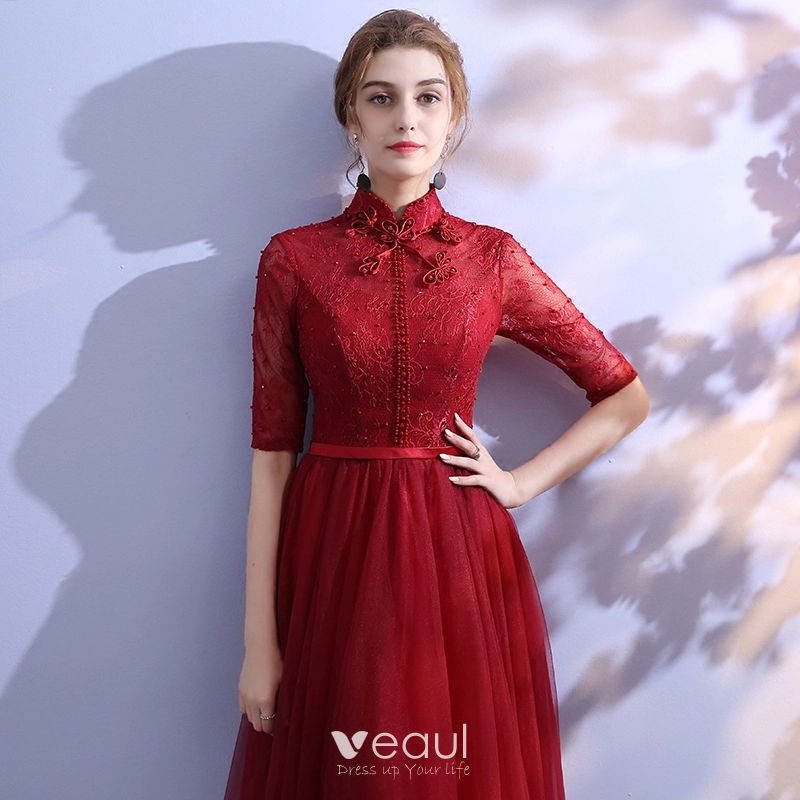 Chinese style Burgundy Evening Dresses 2019 A-Line / Princess High Neck Lace Beading Crystal Bow Sash 1/2 Sleeves Floor-Length / Long Formal Dresses Chinese style Burgundy Evening Dresses 2019 A-Line / Princess High Neck Lace Beading Crystal Bow Sash 1/2 Sleeves Floor-Length / Long Formal Dresses