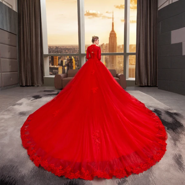 Chinese style Muslim Red Wedding Dresses 2019 A-Line / Princess High Neck Beading Appliques Lace Flower Long Sleeve Royal Train
