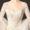 Elegant Champagne Wedding Dresses 2019 Ball Gown V-Neck Lace Flower Bell sleeves Backless Cathedral Train