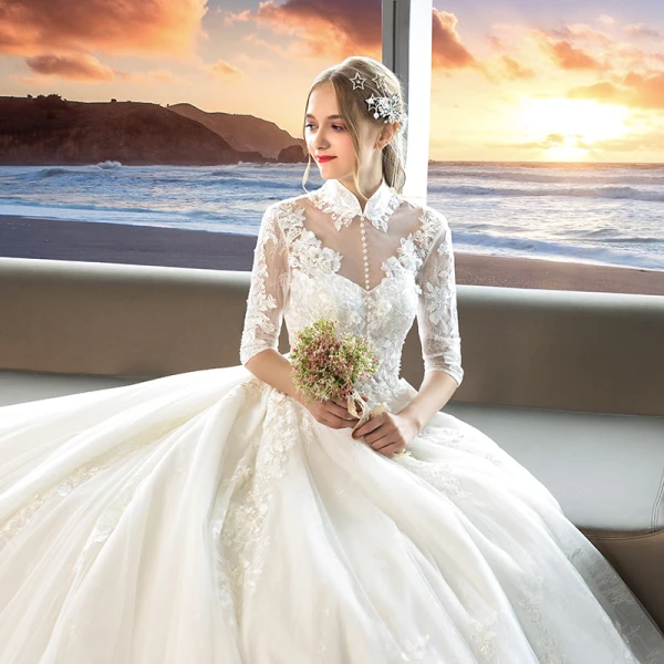 Chinese style Ivory Wedding Dresses 2019 A-Line / Princess High Neck Appliques Lace Flower Pearl 1/2 Sleeves Backless Cathedral Train