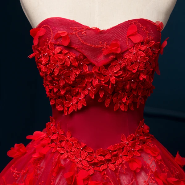 Chinese style Red Wedding Dresses 2019 A-Line / Princess Strapless Appliques Lace Flower Beading Pearl Sleeveless Backless Floor-Length / Long