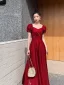 Chic / Beautiful Red Evening Dresses  2021 A-Line / Princess Square Neckline Short Sleeve Backless Floor-Length / Long Evening Party Formal Dresses