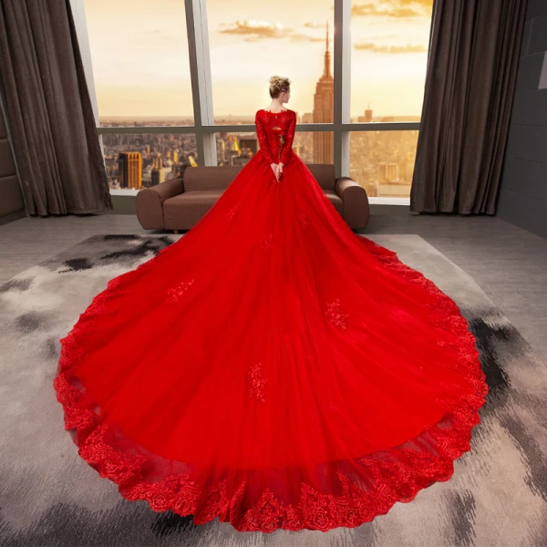 Chinesischer Stil Muslimisches Rot Brautkleider / Hochzeitskleider 2019 A Linie V-Ausschnitt Spitze Blumen Kristall Pailletten Lange Ärmel Königliche Schleppe