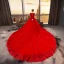 Chinesischer Stil Muslimisches Rot Brautkleider / Hochzeitskleider 2019 A Linie V-Ausschnitt Spitze Blumen Kristall Pailletten Lange Ärmel Königliche Schleppe
