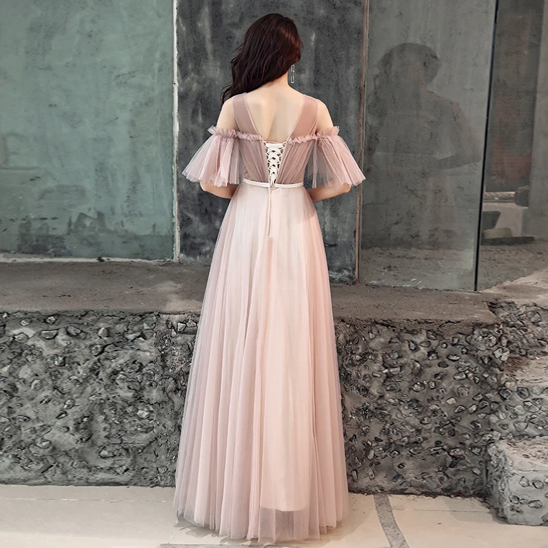 Elegant Pearl Pink Evening Dresses 2019 A Line Princess Scoop Neck Ruffle  Sash Short Sleeve Backless Floor Length Long Formal Dresses