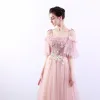 Elegant Candy Pink Prom Dresses 2019 A-Line / Princess Spaghetti Straps Lace Flower Pearl Short Sleeve Backless Floor-Length / Long Formal Dresses