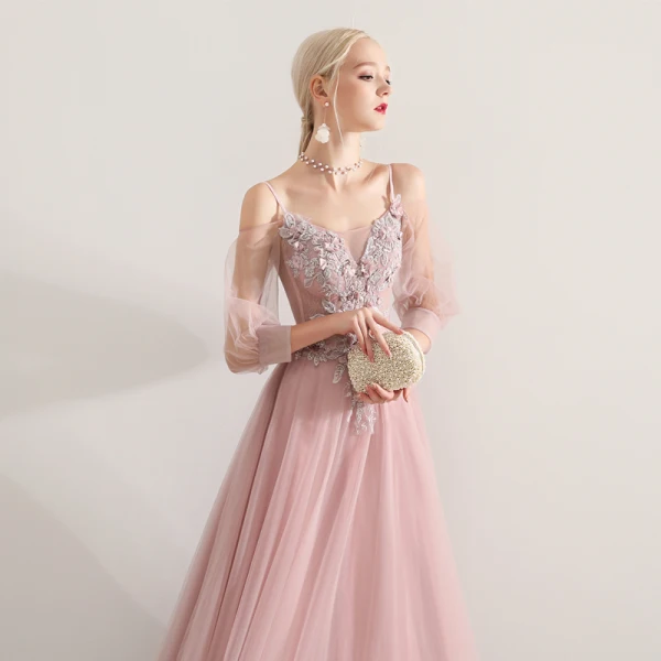 Elegant Blushing Pink Prom Dresses 2019 A-Line / Princess Spaghetti Straps Appliques Lace Flower Beading 3/4 Sleeve Backless Floor-Length / Long Formal Dresses