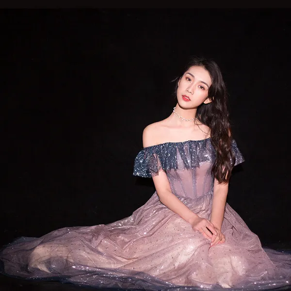 Scintillantes Dégradé De Couleur Rougissant Rose Robe De Soirée 2019 Princesse De l'épaule Glitter Paillettes Manches Courtes Dos Nu Longue Robe De Ceremonie