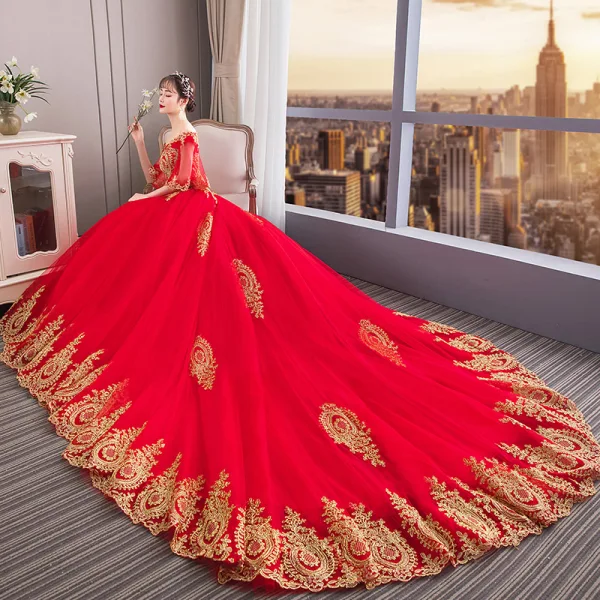 Chinese style Red Wedding Dresses 2019 Ball Gown Off-The-Shoulder Gold Lace Flower 1/2 Sleeves Backless Cathedral Train