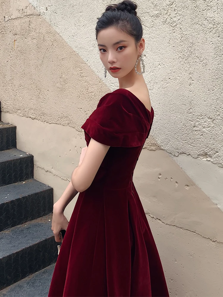 Chic Beautiful Burgundy Suede Evening Dresses 2021 A-Line Princess Off-The-Shoulder Chic Beautiful Burgundy Suede Evening Dresses 2021 A-Line Princess Off-The-Shoulder