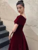 Chic / Beautiful Burgundy Suede Evening Dresses  2021 A-Line / Princess Off-The-Shoulder Short Sleeve Backless Ankle Length Evening Party Formal Dresses
