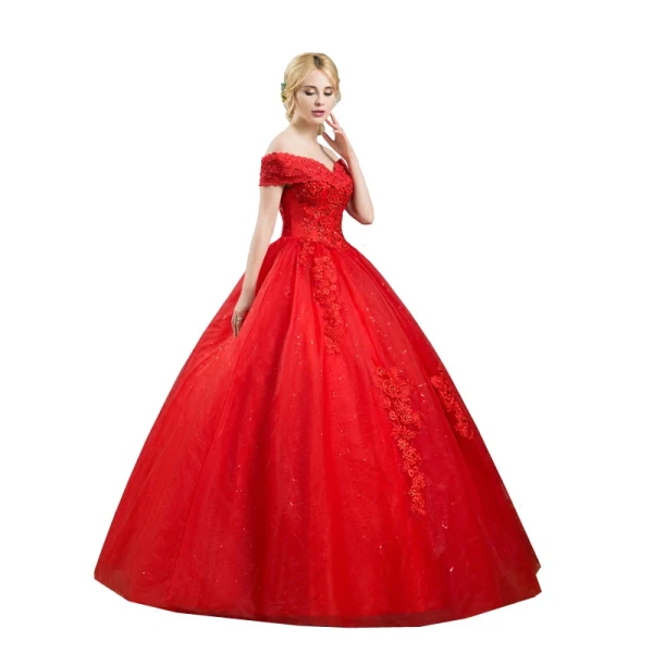Elegant Red Wedding Dresses 2019 Ball Gown Off-The-Shoulder Beading Crystal Flower Lace Short Sleeve Backless Floor-Length / Long