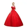 Eleganckie Czerwone Suknie Ślubne 2019 Suknia Balowa Przy Ramieniu Frezowanie Kryształ Kwiat Z Koronki Kótkie Rękawy Bez Pleców Długie