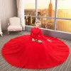 Chinese style Muslim Red Wedding Dresses 2019 Ball Gown High Neck Buttons Bow Lace Flower Sequins 3/4 Sleeve Floor-Length / Long