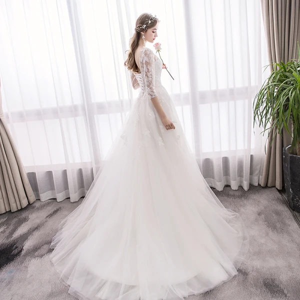 Elegant Ivory Wedding Dresses 2019 A-Line / Princess Scoop Neck Sequins Lace Flower 1/2 Sleeves Backless Sweep Train