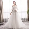 Chic / Beautiful Ivory Wedding Dresses 2019 A-Line / Princess Spaghetti Straps Lace Flower Short Sleeve Backless Sweep Train