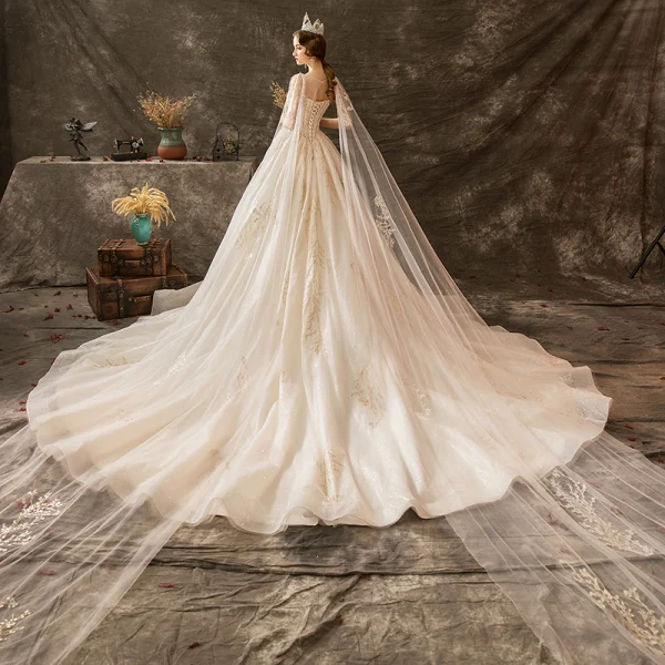 Luxury / Gorgeous Champagne Wedding Dresses 2019 A-Line / Princess Scoop Neck Beading Crystal Lace Flower Sequins Sleeveless Backless Watteau Train Royal Train