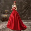 Audrey Hepburn Style Solid Color Red Prom Dresses 2019 A-Line / Princess Strapless Sleeveless Backless Court Train Formal Dresses