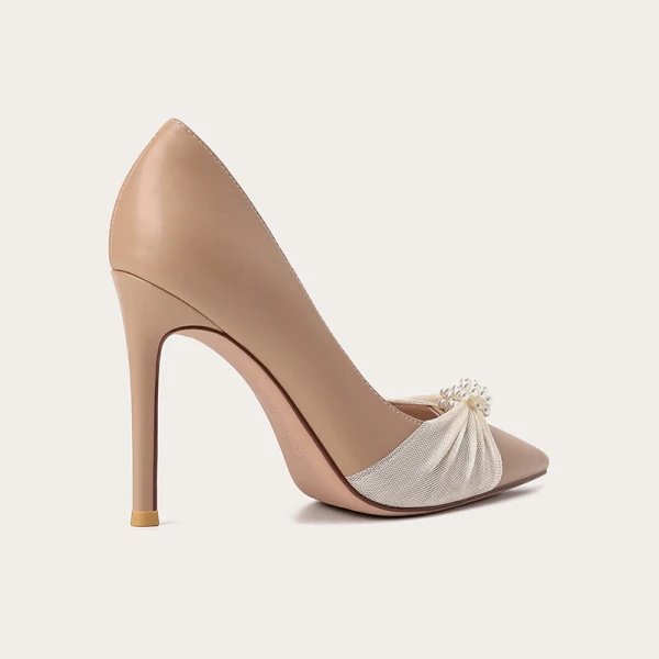 Elegant Beige Evening Party Pearl Pumps 2021 Leather 10 cm Stiletto Heels Pointed Toe Pumps High Heels