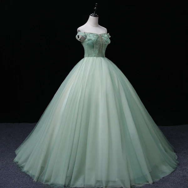 Elegant Sage Green Sequins Prom Dresses 2022 Ball Gown Off-The-Shoulder Sleeveless Rhinestone Butterfly Beading Backless Pearl Floor-Length / Long Formal Dresses