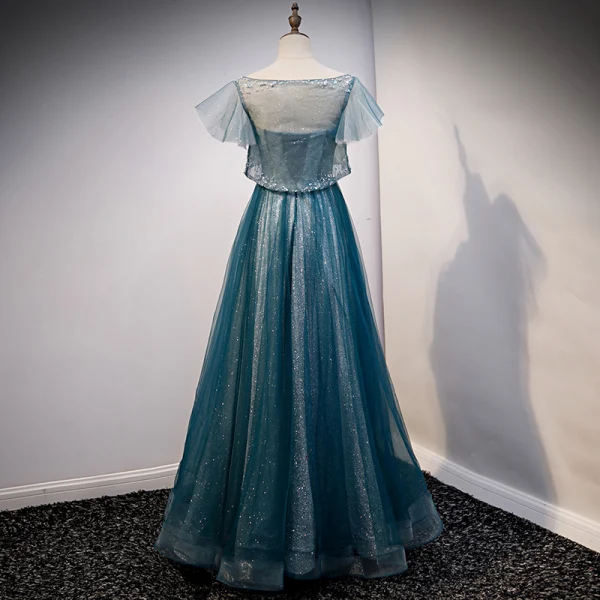 Charming Pool Blue Glitter Prom Dresses 2021 A-Line / Princess Scoop Neck Beading Sequins Short Sleeve Floor-Length / Long Prom Formal Dresses