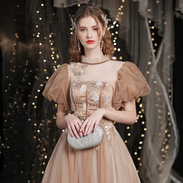 Vintage / Retro Gold Prom Dresses 2021 A-Line / Princess High Neck Beading Appliques Lace Flower Short Sleeve Backless Floor-Length / Long Prom Formal Dresses
