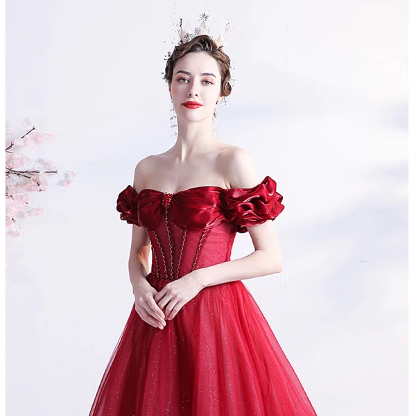 Vintage / Retro Burgundy Prom Dresses 2021 A-Line / Princess Ruffle Off-The-Shoulder Beading Crystal Rhinestone Short Sleeve Backless Floor-Length / Long Prom Formal Dresses