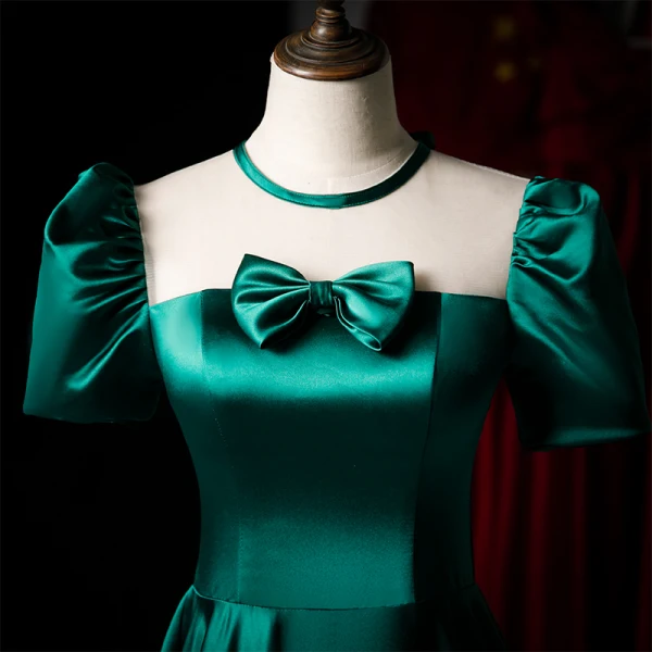 Vintage / Retro Dark Green Satin Prom Dresses 2021 A-Line / Princess Scoop Neck Short Sleeve Backless Bow Floor-Length / Long Prom Formal Dresses