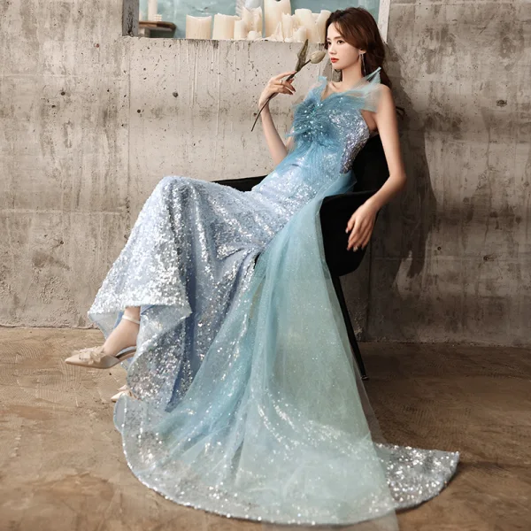 Étourdissant Bleu Ciel Paillettes Robe De Soirée 2021 Trompette / Sirène Bustier Sans Manches Dos Nu Noeud Train De Balayage Soirée Robe De Ceremonie