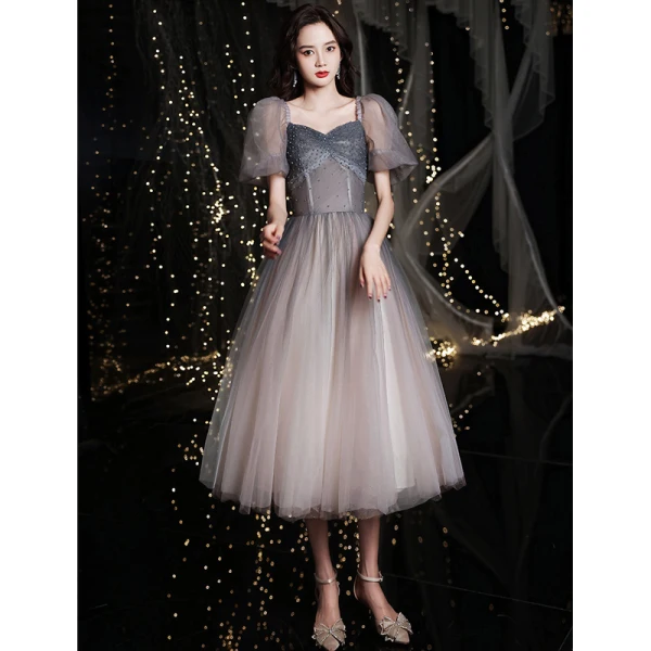 Fashion Glitter Grey Homecoming Graduation Dresses 2021 A-Line / Princess Square Neckline Beading Crystal Short Sleeve Backless Tea-length Formal Dresses