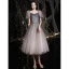Fashion Glitter Grey Homecoming Graduation Dresses 2021 A-Line / Princess Square Neckline Beading Crystal Short Sleeve Backless Tea-length Formal Dresses