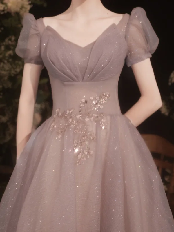 Vintage / Retro Glitter Dusky Pink Evening Dresses  Prom Dresses 2021 A-Line / Princess V-Neck Lace Flower Short Sleeve Backless Floor-Length / Long Formal Dresses