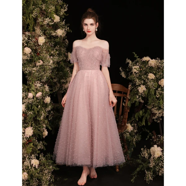Chic / Beautiful Dusky Pink Glitter Pearl Prom Dresses 2021 A-Line / Princess Off-The-Shoulder Short Sleeve Backless Tea-length Prom Formal Dresses